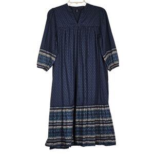 Anna Sui Uniqlo Cotton Midi Dress Boho Relaxed Peasant Tiered Hippie Blue XS